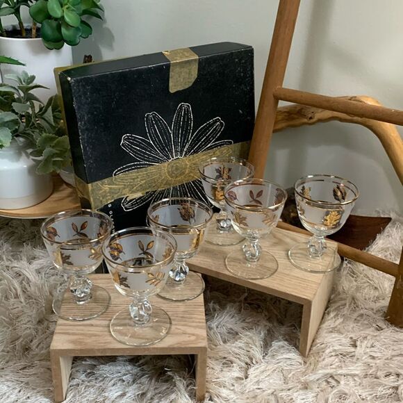 Vintage Golden Foliage Libby 8982 4oz Cocktail Glasses Set Of 6 Made In USA - Picture 1 of 17